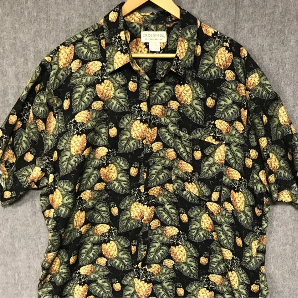 Crossings Shirt Mens 2X Black Tropical Pineapple Button Vacation Cruise